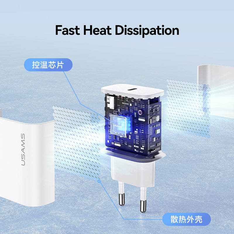 USAMS CC226 T65 PD 20W Fast Charger Power Adapter for iPhone 8-15, EU Plug USAMS CC226 T65 PD 20W Fast Charger Power Adapter for iPhone 8-15, EU Plug